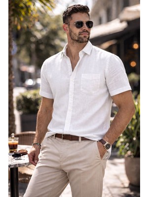 Colvis Man Erkek Klasik Kısa Kollu Likralı Keten Gömlek Hediye Kutulu