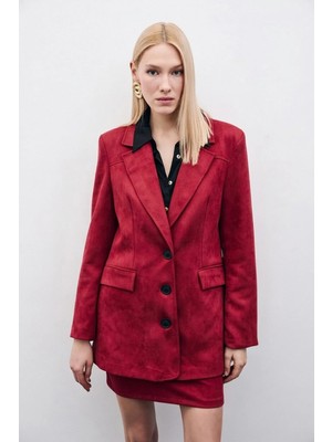 Sateen Düğmeli Süet Ceket - Bordo