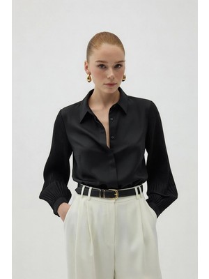 Sateen Pilise Kollu Gömlek - Siyah