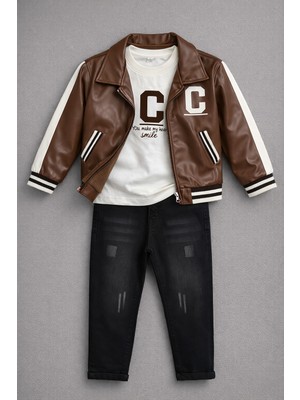 Selvira Erkek Çocuk 3’lü Kombin Set – Suni Deri Ceket, Baskılı Uzun Kollu Tişört ve Siyah Kot Pantolon