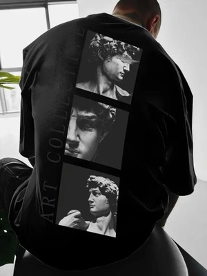 Baskılı Oversize Bisiklet Yaka T-Shirt - Siyah