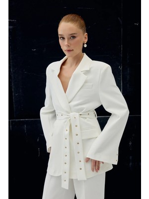 Sateen Serana Kuşak Detaylı Ceket - Ekru