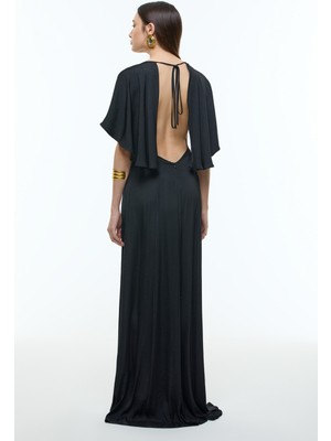 ROMAN Pelerin Detaylı Sırt Dekolteli Maksi Boy Elbise Siyah YY011001_001