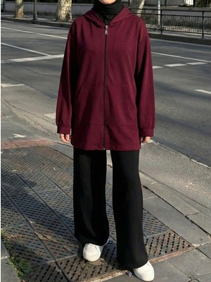 Miostil Kapşonlu Fermuar Detay Hırka-Bordo