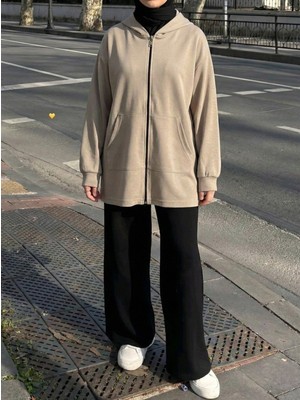 Miostil Kapşonlu Fermuar Detay Hırka-Taş