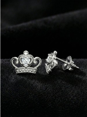 Roza Silver 925 Ayar Zirkon Taşlı Rodyum Taç Model Çivili Gümüş Küpe