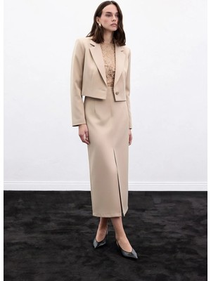 Sateen Yırtmaçlı Midi  Etek - Bej