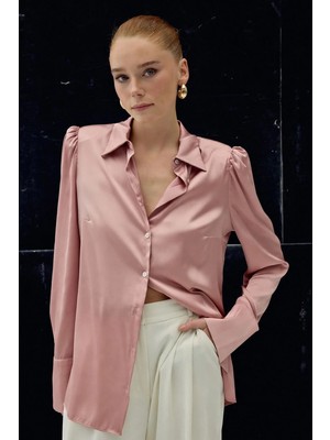 Sateen Vatkalı Saten Gömlek - Pembe