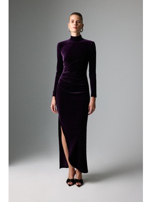 ROMAN Yarım Balıkçı Yaka Drape ve Yırtmaç Detaylı Midi Boy Elbise Mürdüm K2611301_007