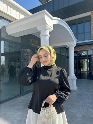 Miostil Arka Fermuar Detay Saten Tunik-Siyah