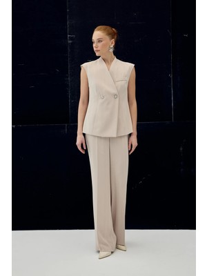 Sateen Anna Çizgili Pantolon - Bej