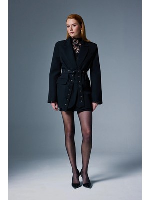 Sateen Serana Kuşak Detaylı Ceket - Siyah