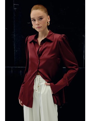 Sateen Vatkalı Saten Gömlek - Bordo