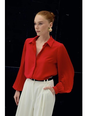 Sateen Pilise Kollu Gömlek - Kırmızı