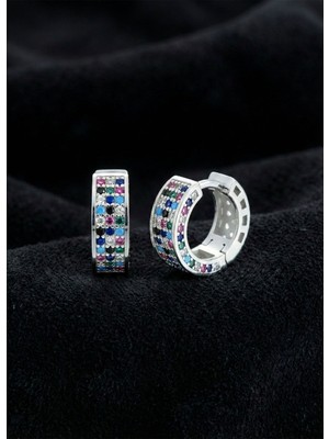 Roza Silver 925 Ayar Mix Taşlı Rodyum Üç  Sıra Huggie Halka Gümüş Küpe