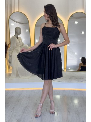 The Zks-Kadın Simli Drape Detay Askılı Mini Kloş Abiye Elbise Indigo, Siyah, Lacivert