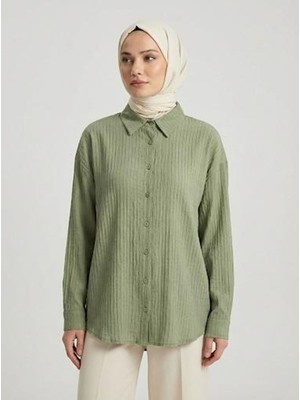 Miostil Çizgi Raporlu Keten Tunik-Haki