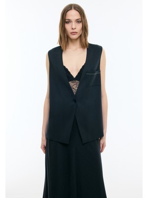 ROMAN V Yaka Oversize Tek Düğmeli Yelek Lacivert YY017019_015