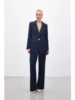 Sateen Rina Çizgili Pantolon - Lacivert