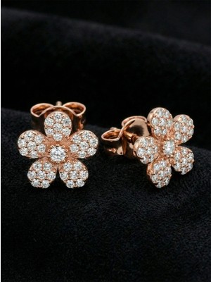Roza Silver 925 Ayar Zirkon Taşlı Rose Papatya Minimal Çivili Gümüş Küpe
