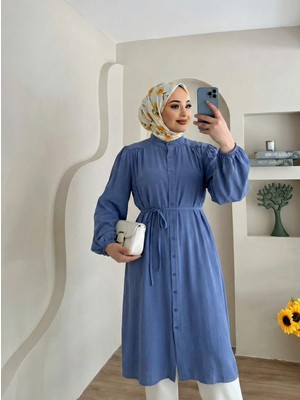 Miostil Hakim Yaka Omuz Büzgü Uzun Tunik-Indigo