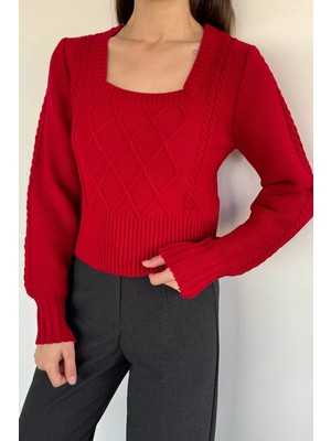 Gülseli Kare Yaka Örgü Desenli Kadın Triko Kazak P-00018861