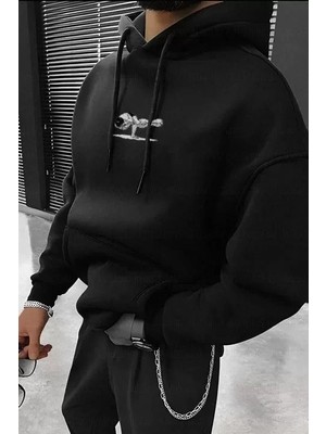 Erkek Baskılı Kapüşonlu ve Kordon Ipli Sweat - Siyah