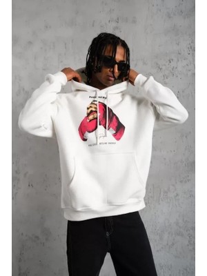 Erkek Eldiven Baskılı Kapüşonlu Sweat - Beyaz