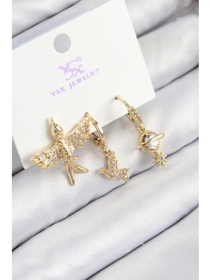 Luz&Pos Pirinç Zirkon Taşlı 3'lü Kuş Model Gold Renk Kadın Küpe