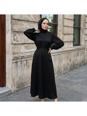Miostil Saten Taşlı Elbise-Siyah