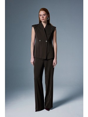 Sateen Anna Çizgili Pantolon - Kahve