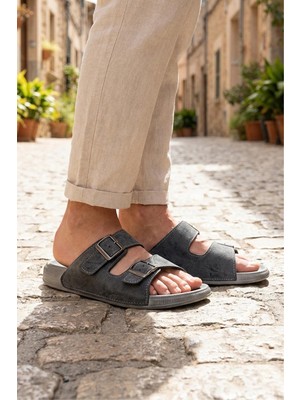 Gezer Erkek Yazlık Suni Deri İki Toka Ayarlanabilir Rahat Taban Günlük Terlik