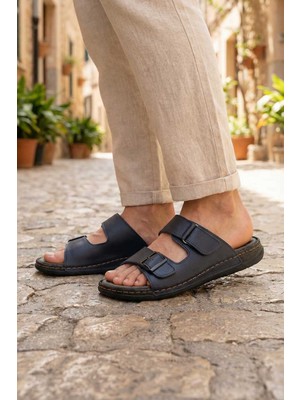 Gezer Yazlık Erkek Suni Deri İki Toka Ayarlanabilir Rahat Taban Günlük Terlik