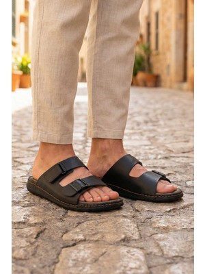 Gezer Yazlık Erkek Suni Deri İki Toka Ayarlanabilir Rahat Taban Günlük Terlik