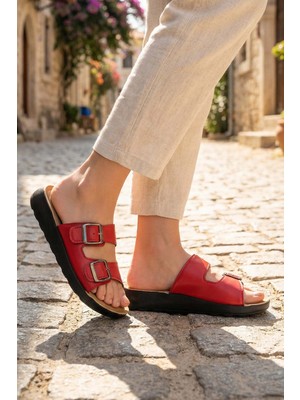 Gezer Kadın Yazlık PU Alt Taban Suni Deri İki Toka Ayarlanabilir İç Taban Anatomical Dört Nokta Yastıklı Rahat Günlük Terlik