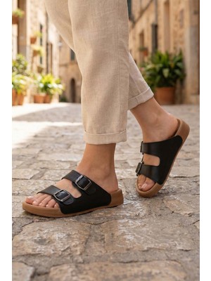 Gezer Kadın Yazlık Suni Deri İki Kemer Cırt Cırtlı Ayarlanabilir Rahat Taban Günlük Terlik