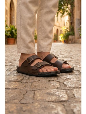Gezer Erkek Yazlık Suni Deri İki Toka Ayarlanabilir Rahat Taban Günlük Terlik