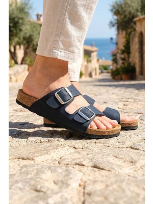 Gezer Paleng Yazlık Kadın İç Taban Hakiki Deri Çift Toka Ayarlanabilir Mantar Taban Günlük Terlik