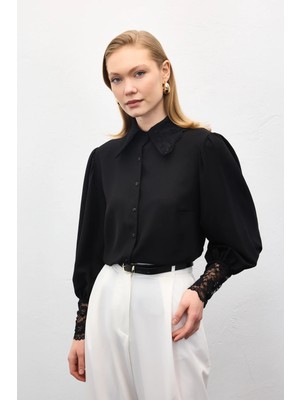 Sateen Dantel Manşetli Gömlek - Siyah