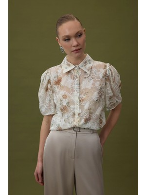 Sateen Nakışlı Kısa Kollu Gömlek - Vizon