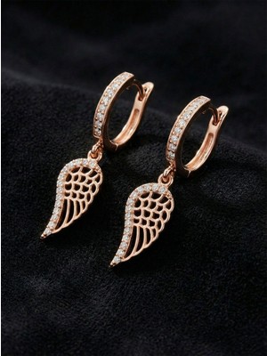 Roza Silver 925 Ayar Zirkon Taşlı Rose Kanat Model Halka Gümüş Küpe