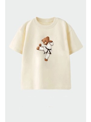 Monila Erkek Çocuk Pamuklu Bisiklet Yaka Karate Ayıcık Baskılı T-Shirt