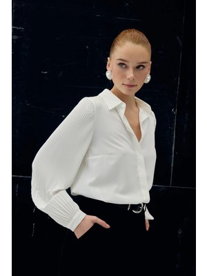 Sateen Pilise Kollu Gömlek - Ekru