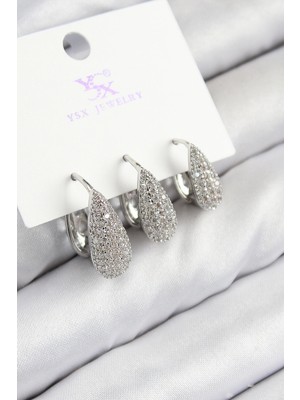 Luz&Pos Pirinç Zirkon Taşlı 3'lü Damla Model Gümüş Renk Kadın Küpe