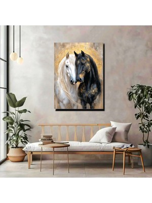 Artprinta Siyah Beyaz At Kanvas Tablo – Gold Detaylı Lüks At Figürlü Duvar Dekoru