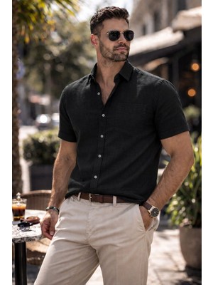 Colvis Man Erkek Klasik Kısa Kollu Likralı Keten Gömlek Hediye Kutulu