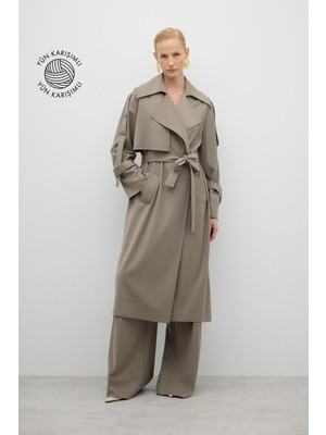 ROMAN Beli Kuşaklı Yün Karışımlı Geniş Kesim Pardesü Kum Beji K2618302_267