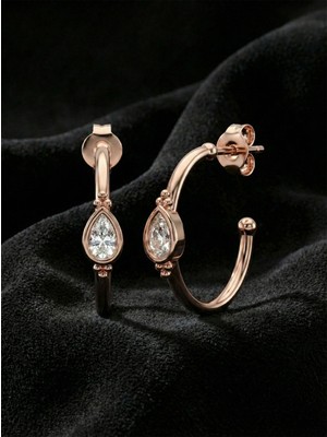 Roza Silver 925 Ayar Zirkon Taşlı Rose Damla Motifli Tektaş Halka Gümüş Küpe