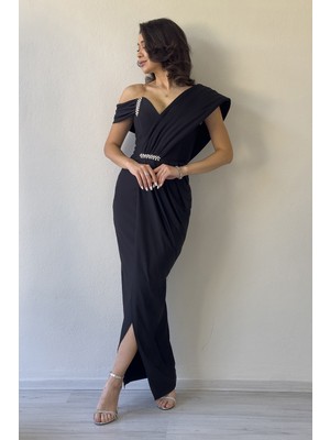 The Zks-Kadın Tek Omuz Taş Detaylı Drapeli Midi Boy Abiye Elbise Lila, Yeşil, Lacivert, Siyah, Fuşya