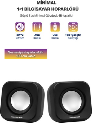 Sprange Tak Çalıştır 2'li USB Bilgisayar Hoparlörü – Güçlü Ses, Kompakt Tasarım, Ev-Ofis Kullanıma Uygun
